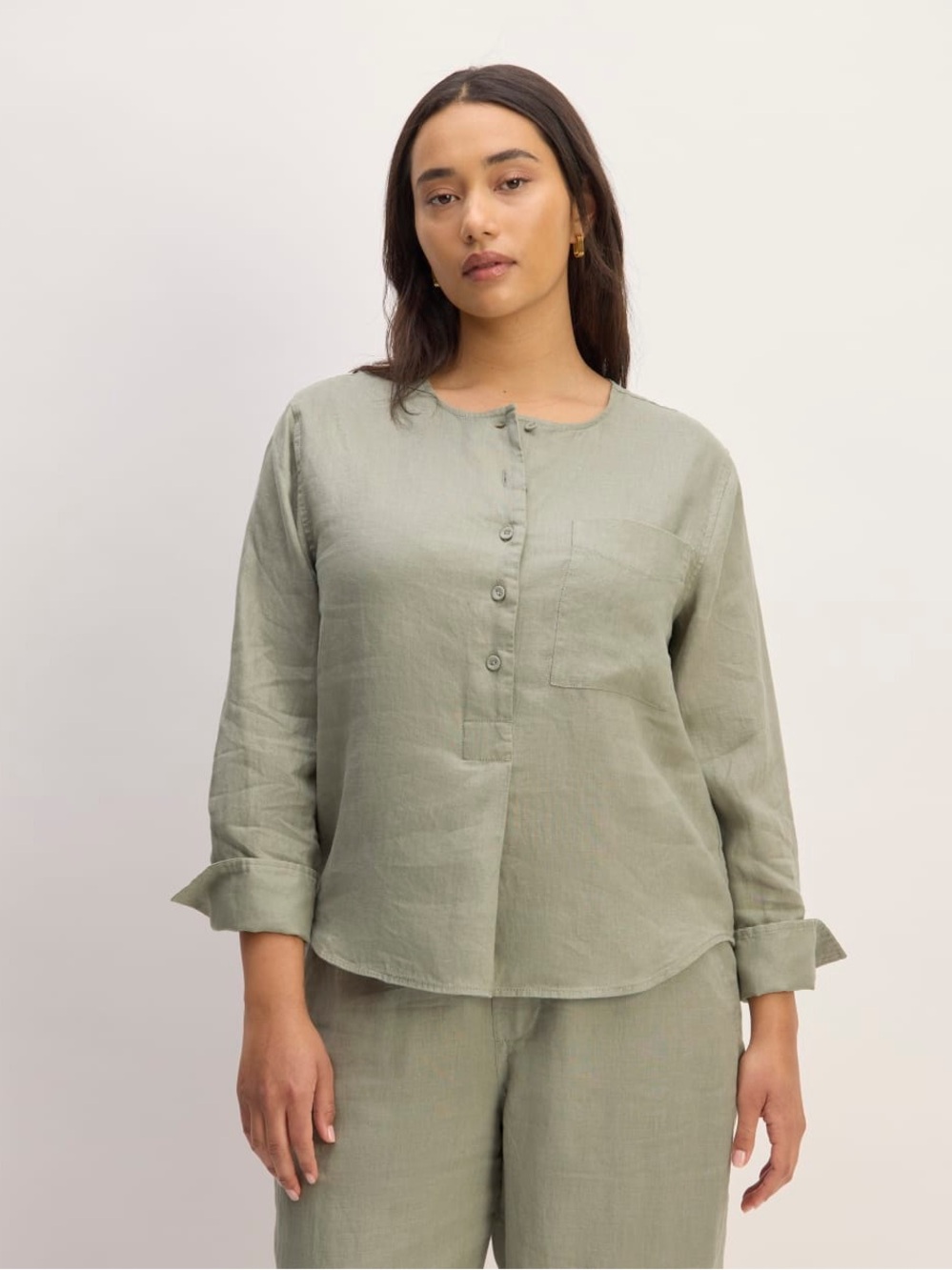 Everlane European Flax Linen Long-Sleeve Button-Down Popover Shirt Size XL